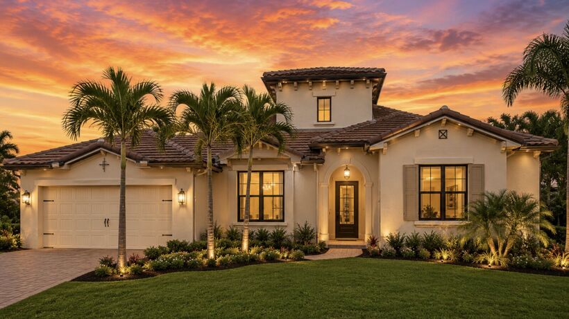 Freshly repainted Treasure Coast home at sunset with palm trees and tile roof