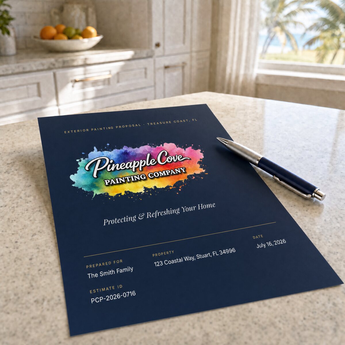 Printed Pineapple Cove Painting Company proposal cover prepared for a customer, on a bright coastal kitchen counter