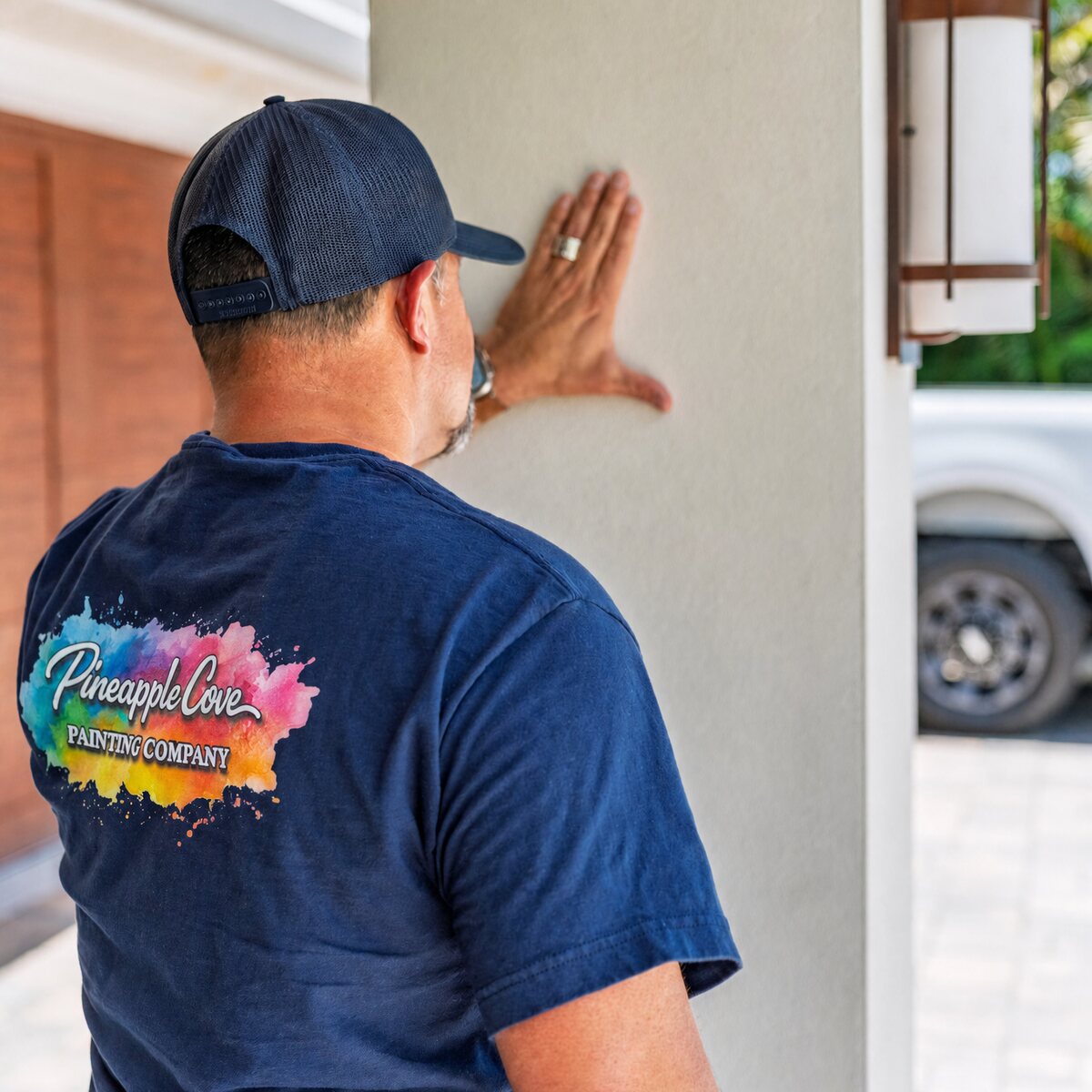 Martin of Pineapple Cove Painting Company running his hand over the finished exterior paint during the final walkthrough