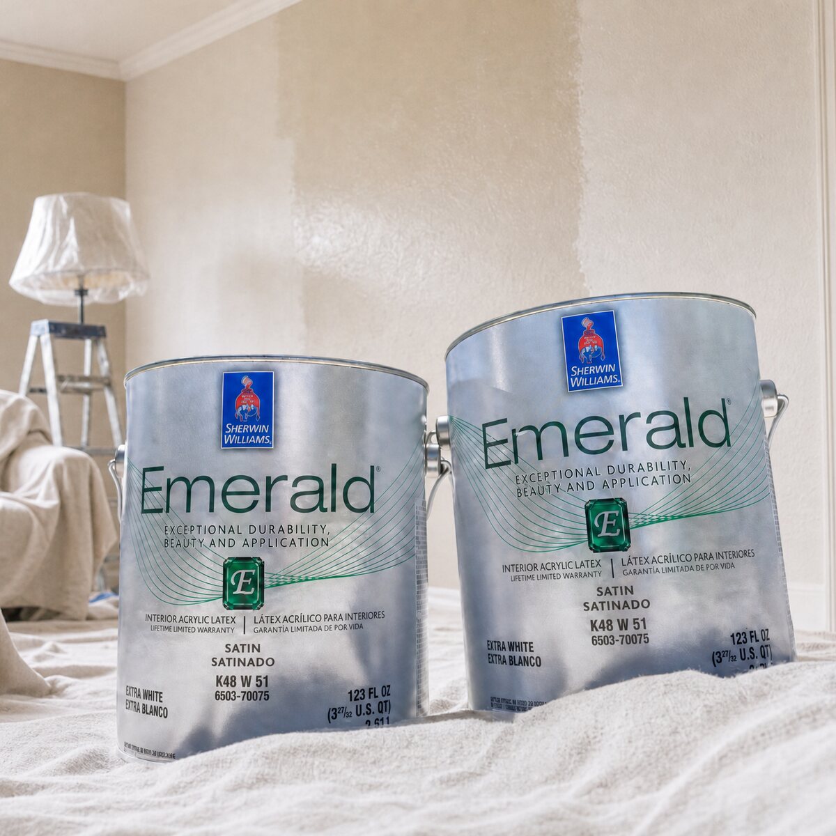 Sherwin-Williams paint cans staged in a living room with the sofa draped and the lamp wrapped in protective plastic