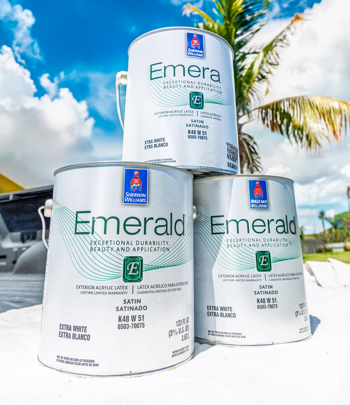 Sherwin-Williams paint cans staged on a Pineapple Cove Painting project